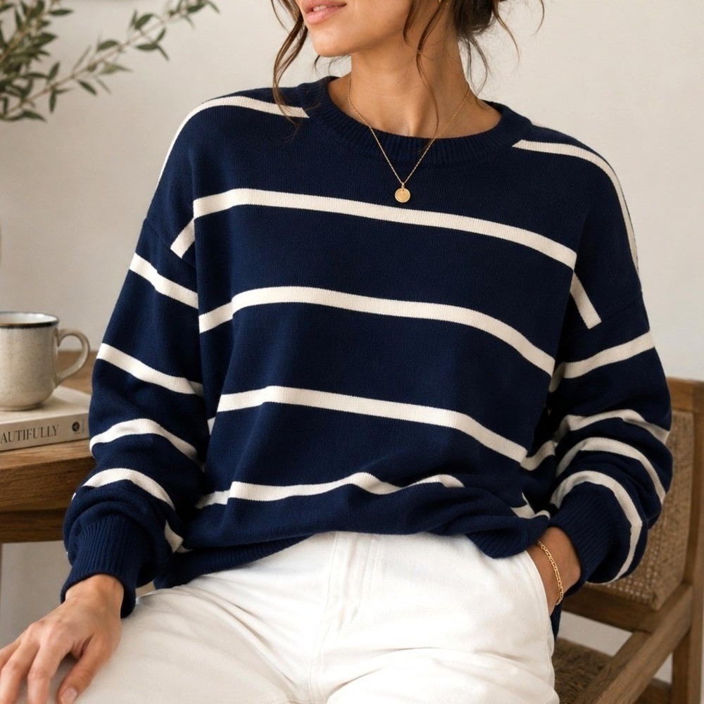 Philosophy Navy White Stripe Sweater XL Coastal Grandmother Old Money